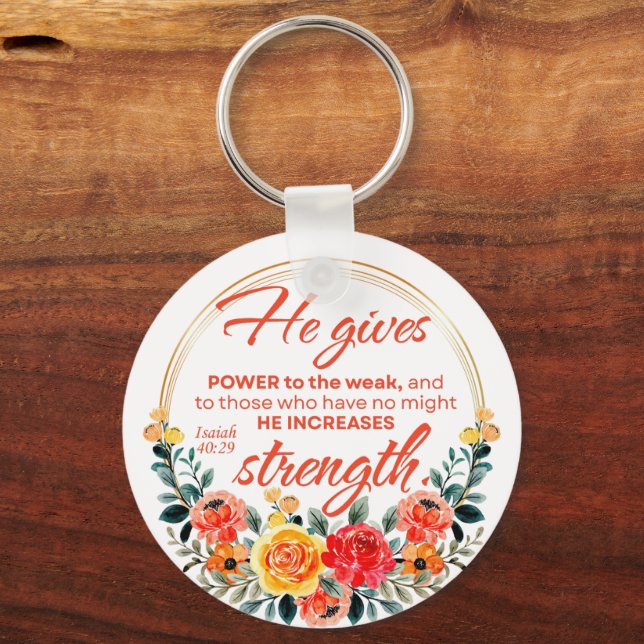 Isaiah 40:29 ge Power Red Blommigt Scripture Nyckelring (Framsida)