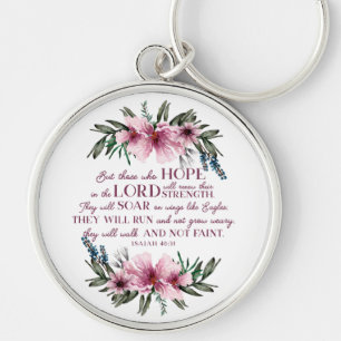 Isaiah 40 Bibelverse med Rosa blommor Rund Silverfärgad Nyckelring