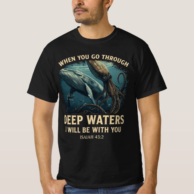 Isaiah 43:2 Whale Deep Waters Christian T Shirt (Framsida)