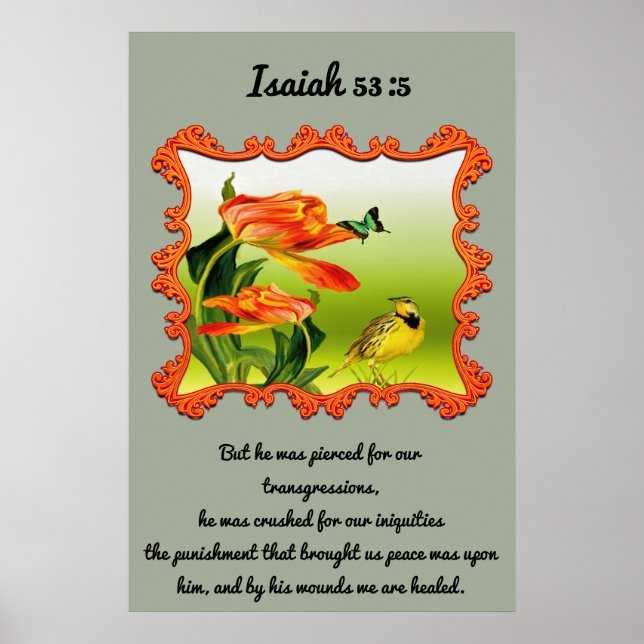 Isaiah 53:5 Gult och svart myggfågel Poster (Framsidan)