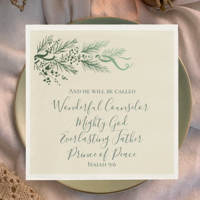 Isaiah 9:6 Elegant Unik Grey Gräs jul Pappersservett (Isaiah 9:6 Christian scripture unique sage elegant script with pine greenery Christmas dinner napkin)