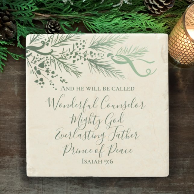 Isaiah 9:6 Hand plockade Modern Gräs julgåva Stenunderlägg (Isaiah 9:6 elegant hand drawn pine Christian Christmas gift decor. Custom faith stone coaster.
)