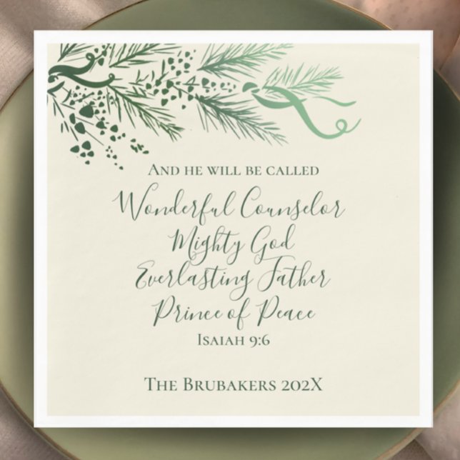 Isaiah 9:6 Personlig Sage Gräs jul Pappersservett (Isaiah 9:6 Christmas dinner napkin. Personalize with name. Hand drawn pine modern elegant scripture.)