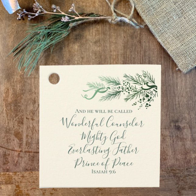 Isaiah 9:6 Prince of Peace Gräs Anpassningsbar jul Gåvor Etiketter (Unique custom gift tag template. Isaiah 9:6 scripture in elegant green script with pine original art)