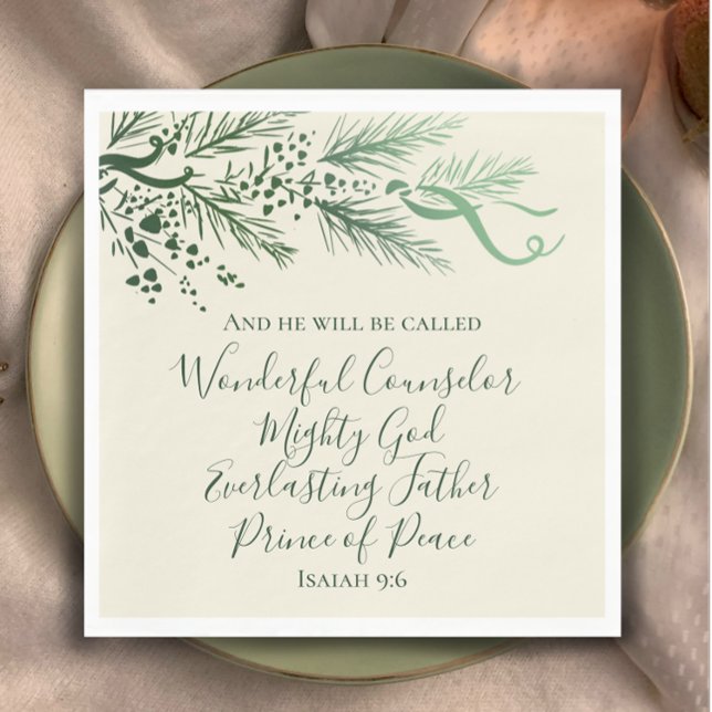 Isaiah 9:6 Scripture Anpassningsbar Modern Gräs-ju Pappersservett (Add faith and elegance to your Christmas table with my hand drawn pine and bows. Isaiah 9:6 verse.
)