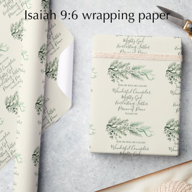 Isaiah 9:6 Scripture Anpassningsbar Modern Gräs-ju Presentpapper (Isaiah 9:6 original pine Christmas wrapping paper. Cream and sage elegant scripture gift wrap.)