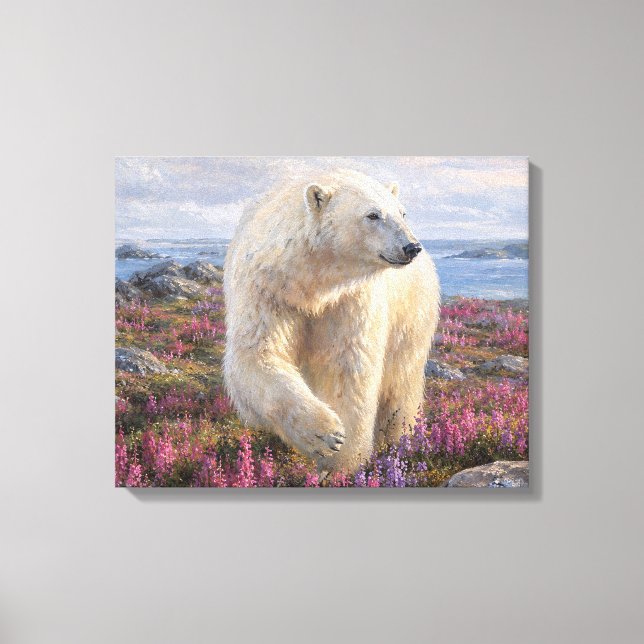Isbjörn bland vildblommor Arktisk tundra  Canvastryck (Framsida)