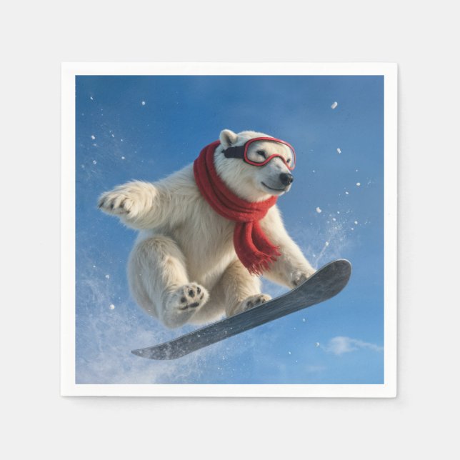 Isbjörn i luften på en snöboard pappersservett (Framsidan)