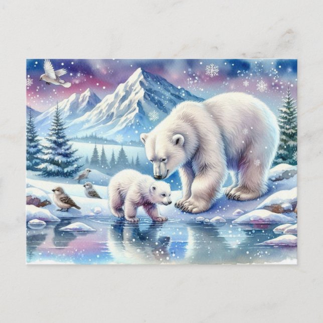 Isbjörnar och snöig vinterscen-målning vykort (Framsida)