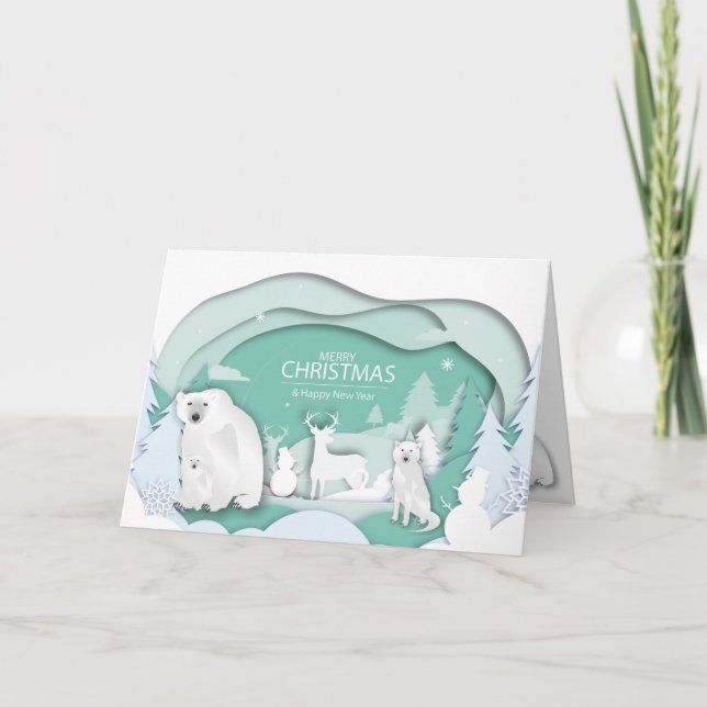 Isbjörnar och vit wolf Julig vinter scen Helgkort (Framsida)