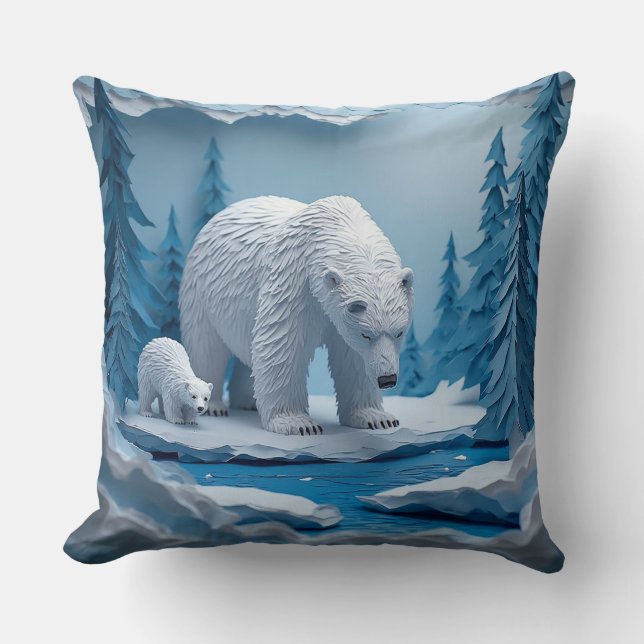Isbjörnar Papercraft Scen i Blå Arktisk Skog Kudde (Framsida)