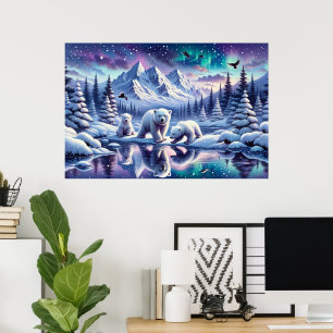 Isbjörnsfamilj Snöig Scenmålning Poster