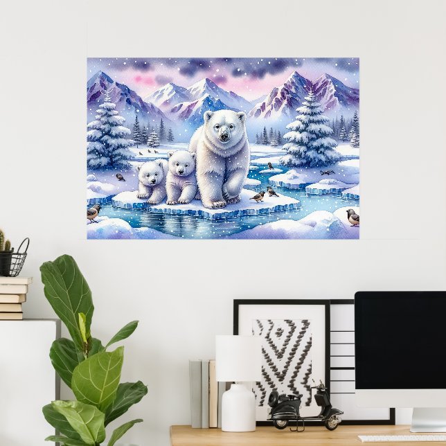 Isbjörnsfamilj Snöig Scenmålning Poster (Hemmakontoret)