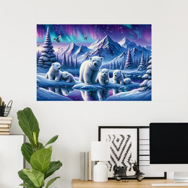 Isbjörnsfamilj Snöig Scenmålning Poster (Hemmakontoret)