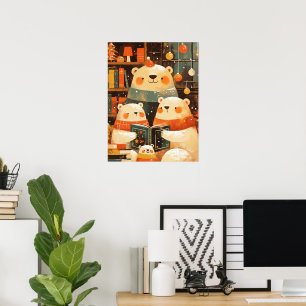 Isbjörnsfamilj som läser tillsammans på julen poster