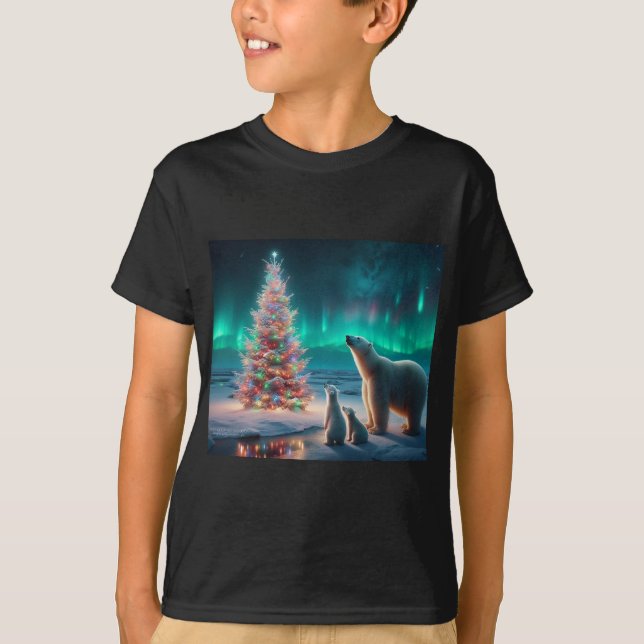 Isbjörnsmamma Ungar Julgran Norrsken T Shirt (Framsida)