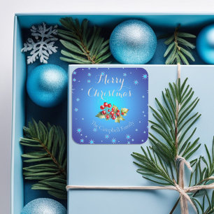 Isblå röda julbär God Jul Fyrkantigt Klistermärke