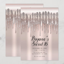 Isblå Rosa Guld Diamant Glitter Drip Sweet 16 Inbjudningar