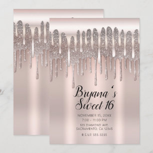 Isblå Rosa Guld Diamant Glitter Drip Sweet 16 Inbjudningar