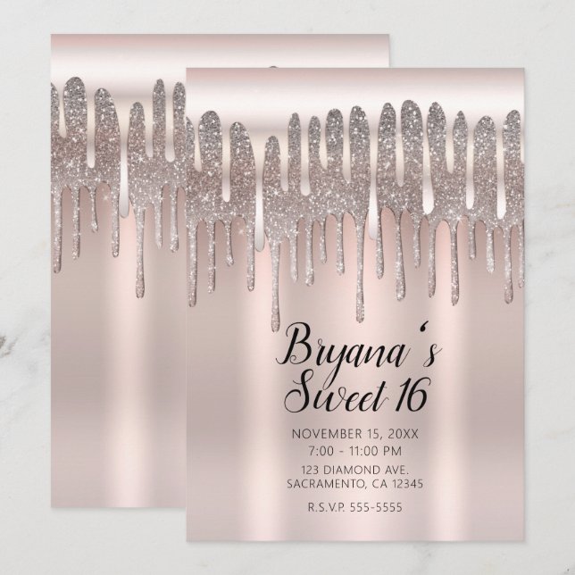 Isblå Rosa Guld Diamant Glitter Drip Sweet 16 Inbjudningar (Fram/baksida)