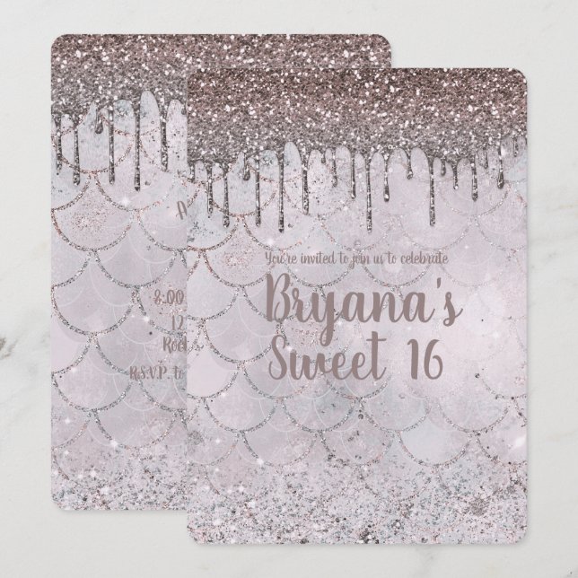 Isblå Rosa Guld Glitter Dropp Siren Sweet 16 Inbjudningar (Fram/baksida)