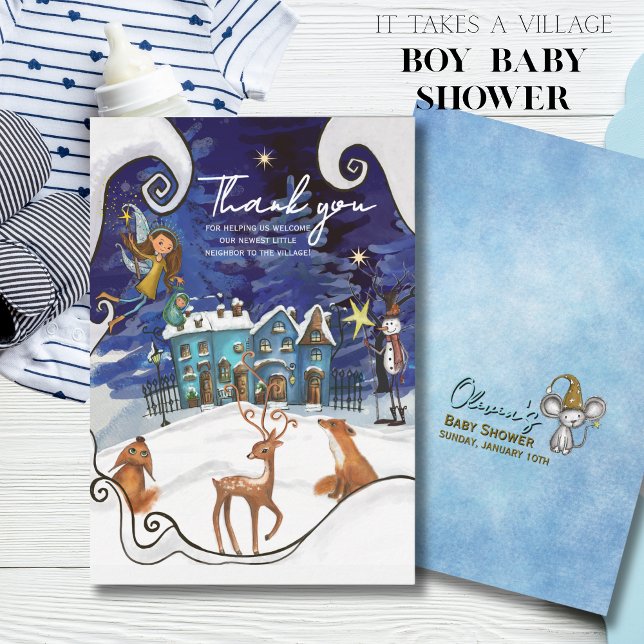Isblå Vinterby Tackkort | Älva  Tack Kort (Ice Blue Winter Village Thank You Card  Fairy )