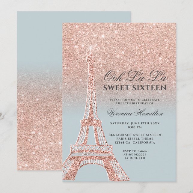 Isblått Eiffel torn ro guld glitter, Sverige 16 Inbjudningar (Fram/baksida)