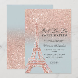 Isblått Eiffel torn ro guld glitter, Sverige 16 Inbjudningar