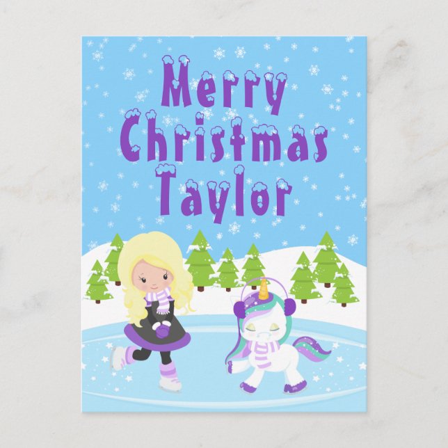 Isdans Blondin Flicka God Jul Högtid Helg Vykort (Framsida)