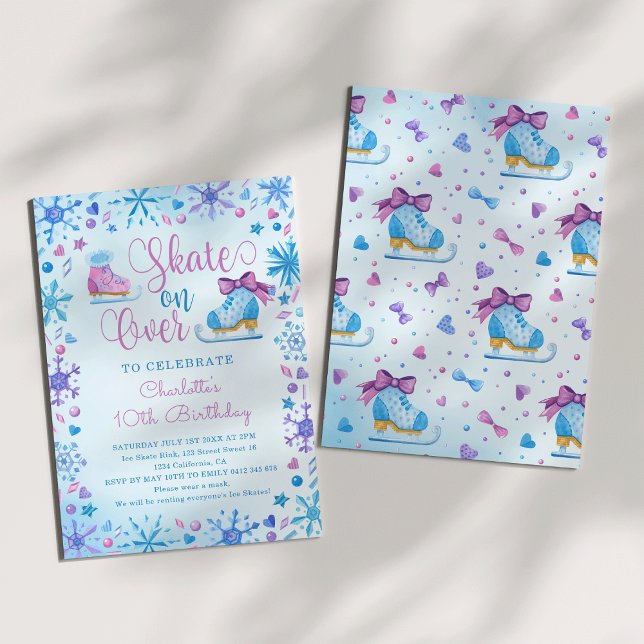 Isdansning Frostig Saga Snöflingor Födelsedag Inbjudningar (Ice Skating Watercolor Frozen Fairy Tale Snowflakes Hearts Ice Crystals Birthday Invitation
)