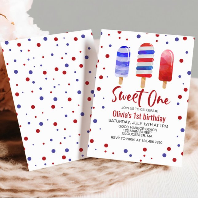 Isglassar Sweet One Röd Vit Blå 1-årsdag Inbjudningar (Skapare uppladdad)
