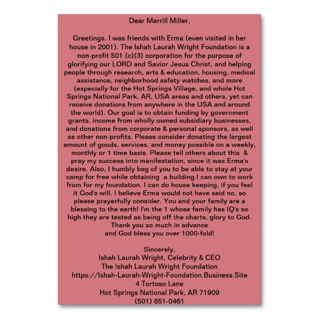 Ishah Laurah Wright Foundation Bordsnummer (Baksidan)