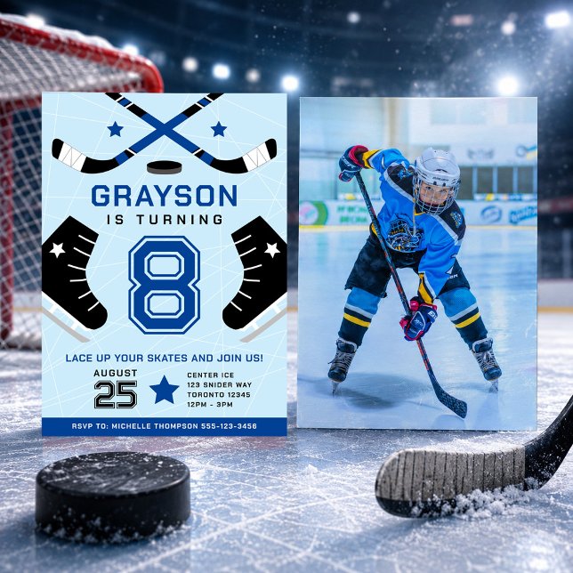 Ishockey barn födelsedagsfest Blå inbjudan (Skapare uppladdad)