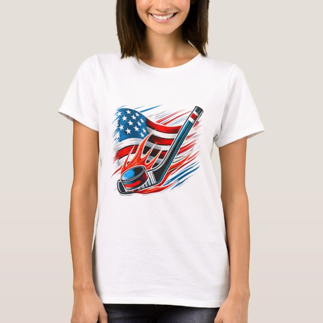 Ishockeyfan spelare Patriotisk 4 juli Ameri T Shirt (Framsida)