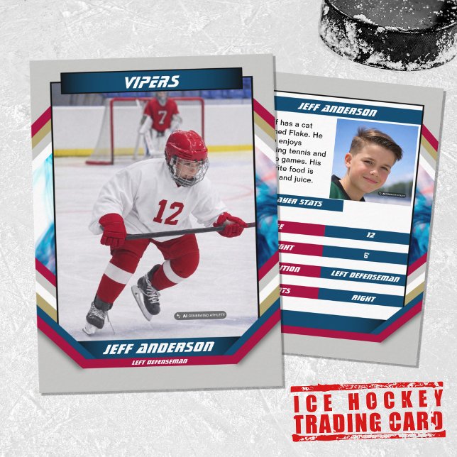 Ishockeysamlarkort i coolt rött, blått och grått visitkort (Ice Hockey Trading Card: Futuristic design, dynamic action. Perfect gift for kids and fans! )
