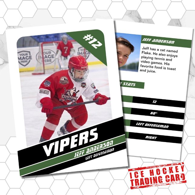 Ishockeysamlarkort i kraftfull grön vit färg (Proudly share youre kids' achievements with this green white and black card)