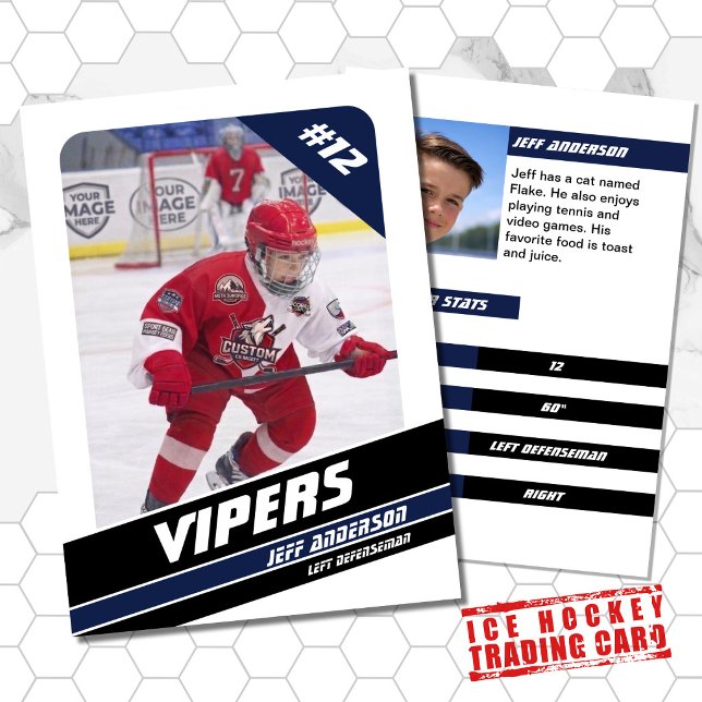 Ishockeysamlarkort i kraftfullt blåvit färg (Proudly share youre kids' achievements with this white and blue card)