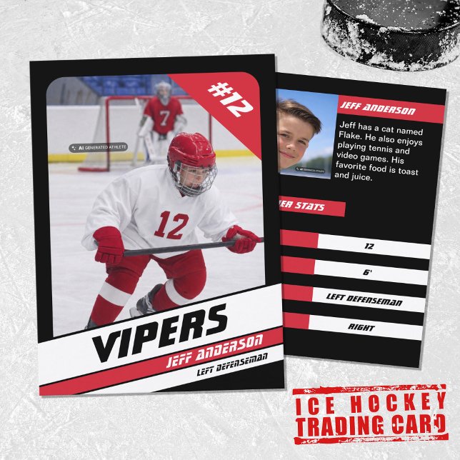 Ishockeysamlarkort i livfull röd svart (Proudly share youre kids' achievements with this red white card)