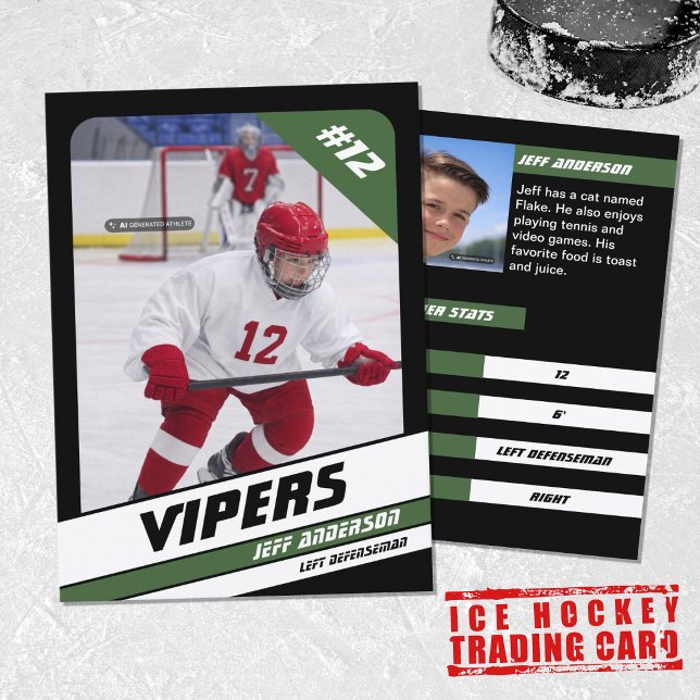 Ishockeysamlarkort i livlig grön svart (Proudly share youre kids' achievements with this green white card)
