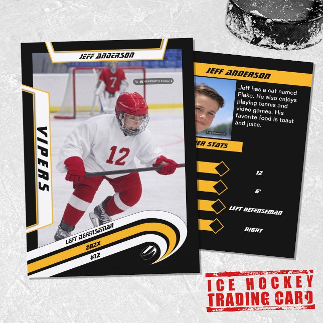 Ishockeysamlarkort i livlig gul färg (Sunny vibes for young hockey champs! Cool yellow hockey trading card - a perfect souvenir and gift )