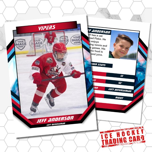 Ishockeysamlingskort i coolt rött blått vitt visitkort (Ice Hockey Trading Card: Dynamic design, bold colors. Ideal gift for young hockey fans!)