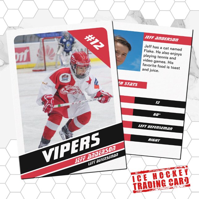 Ishockeysamlingskort i kraftfull röd vit (Proudly share youre kids' achievements with this red white and black card)