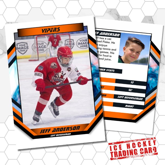 Ishockeysamlingskort i snygga orangevita färger visitkort (Ice Hockey Trading Card: Futuristic design, vibrant colors. Perfect for young fans! )