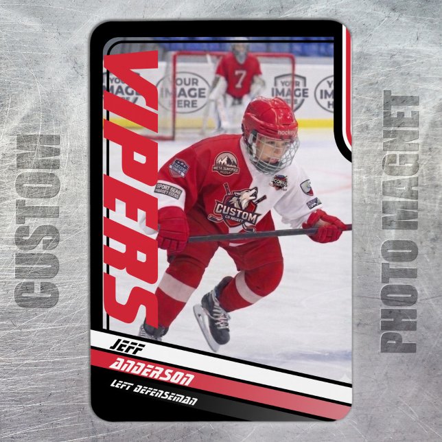 Ishockeyspelare Minnessak på Dynamisk Röd Magnet (Ice Hockey: Stand out with this red and black magnet featuring customizable player image and team.)