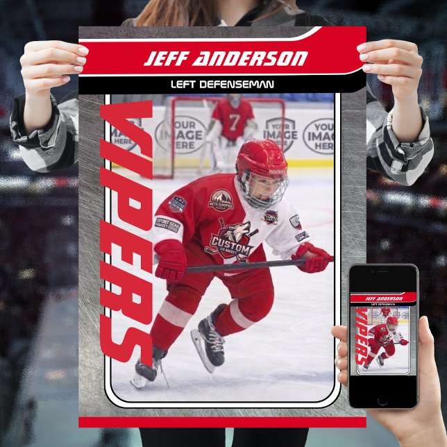 Ishockeyspelare på anpassningsbar röd metall poster (Proudly share youre kids' achievements with this red black and metal Poster)