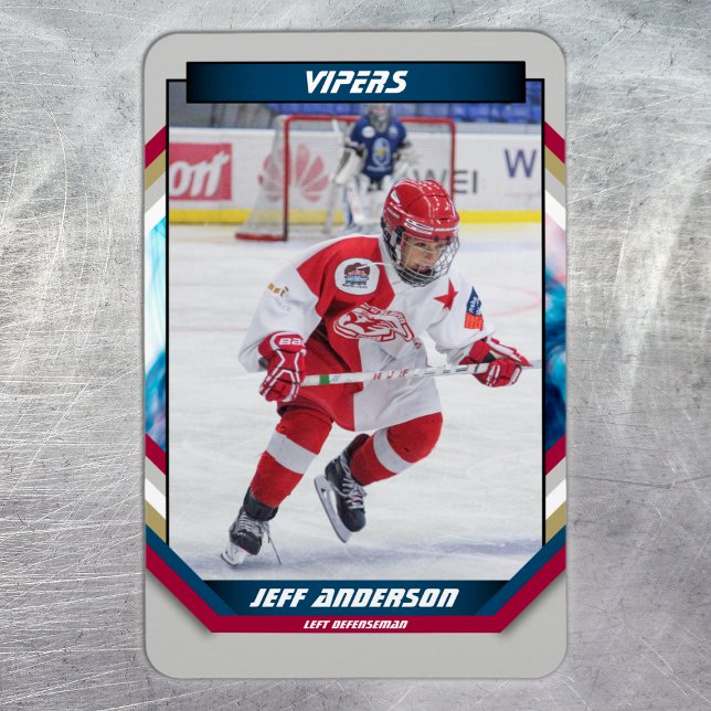 Ishockeyspelare Småsak På Snygg Grå Anpassad Magnet (Ice Hockey Trading Card Magnet: Futuristic design, dynamic action. Perfect for kids!)