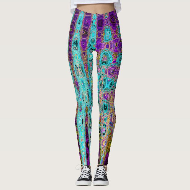 Isig Aqua Blue Groovy Abstrakt Retro Atomic Vinkar Leggings (Framsida)