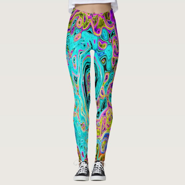 Isig Aqua Blue Groovy Abstrakt Retro Liquid Swirl Leggings (Framsida)