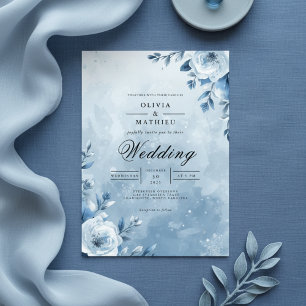 Isig Blue Blommigt Romantik Bröllop Inbjudningar
