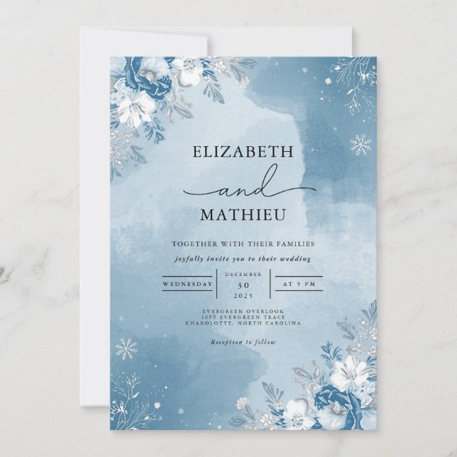 Isig Blue Blommigt Winter Wedding Inbjudningar (Framsida)